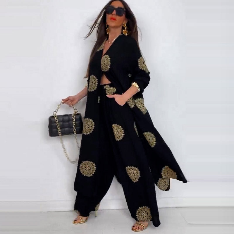 Elegant and Sexy V-neck Top + Printed Wide-leg Pants Two-piece Set