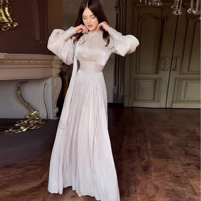 Women's Fashionable Dress with Waist-Cinching Design and Long Sleeves