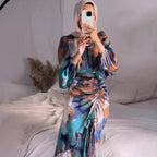 Autumn New Pleated Waist Slimming Exotic Style Long Sleeve Mid-Length Dress for Women