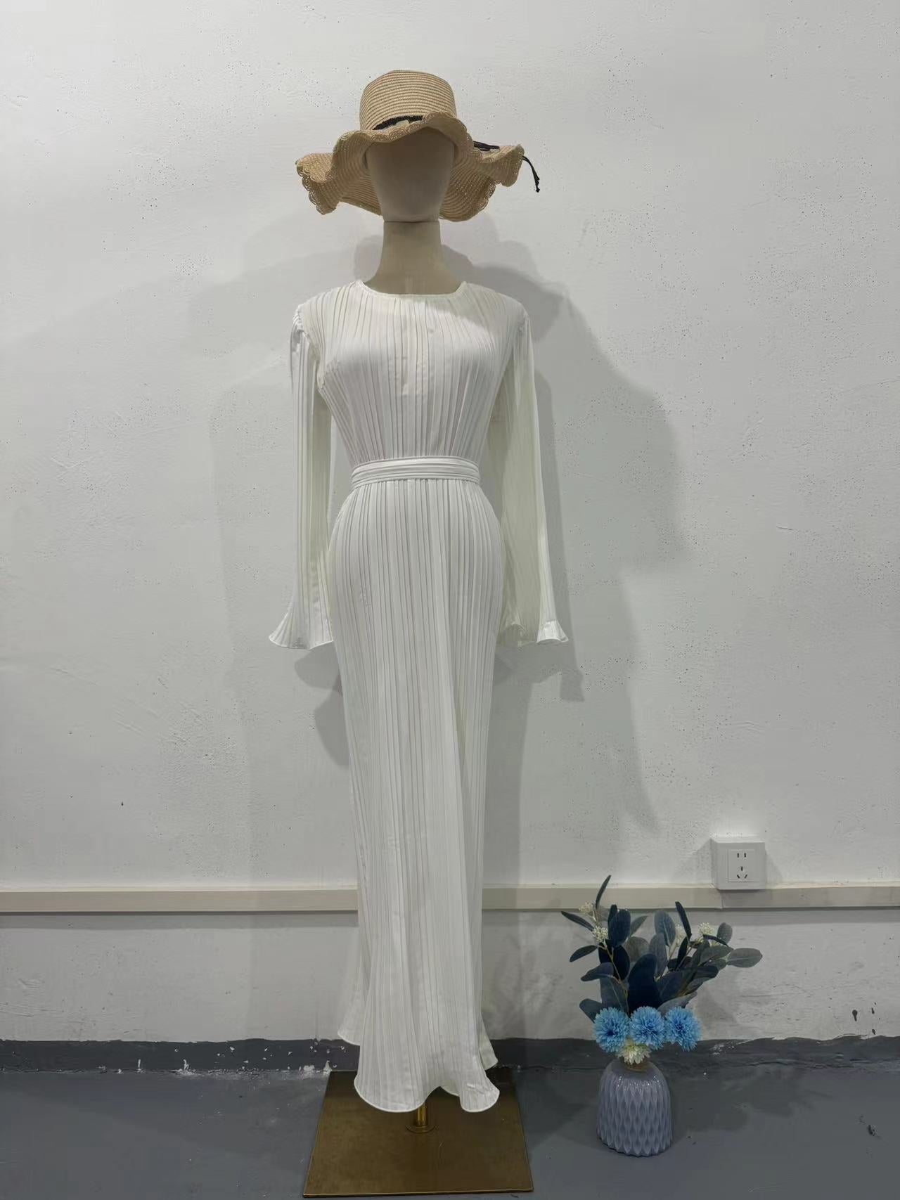 Women's Autumn New Long Dress Elegant Pleated Flared Sleeve Mid-Length Dress