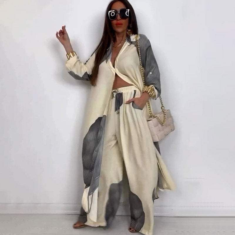 Elegant Sexy Printed Mid-Length Top and Wide-Leg Pants Two-Piece Set