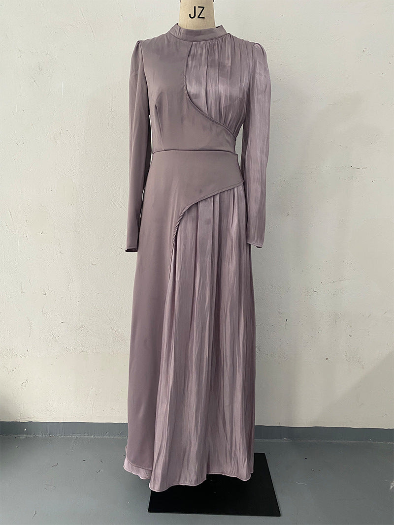 Round Neck Color Block Long Sleeve Slim Fit Belted Vintage Dress