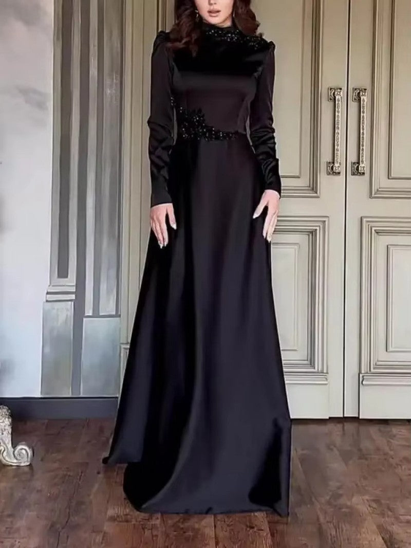 2025 Spring Solid Color Long Sleeve Slim Fit Lace Vintage Elegant Dress Gown 