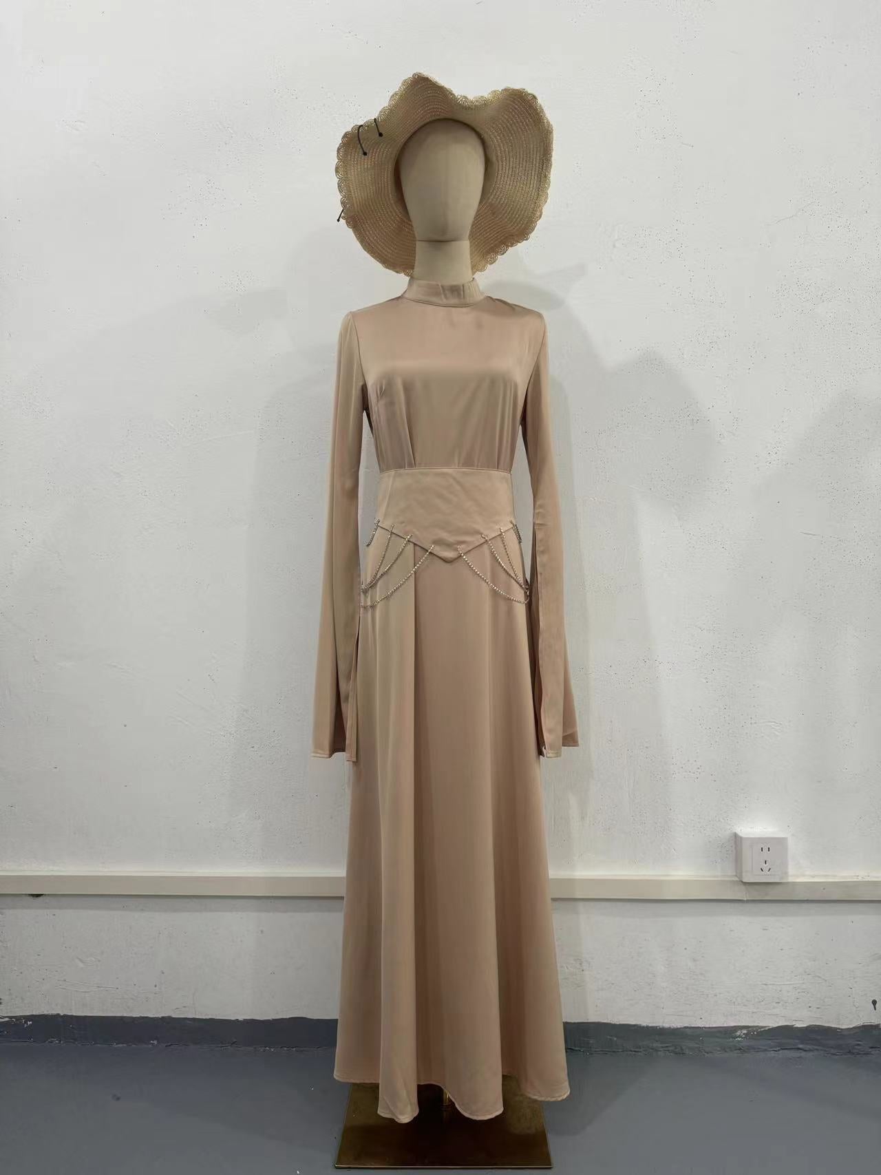 Spring New Cross-Border Palace Style Satin Waist-Cinching Elegant Half-High Collar Long Sleeve Dress