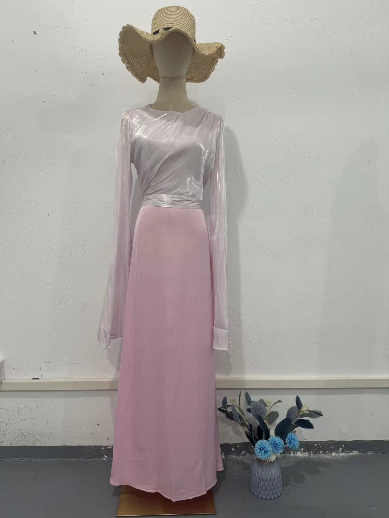 Summer Patchwork Glass Veil Long Sleeve Satin Slim Dress