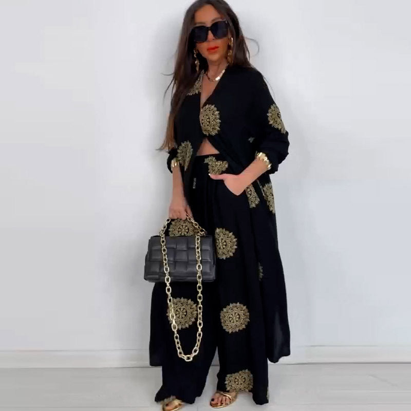 Elegant and Sexy V-neck Top + Printed Wide-leg Pants Two-piece Set