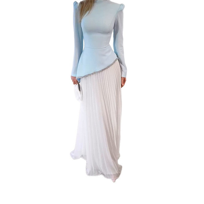 Women's Elegant Fashion Long Sleeve Waist-Cinching Mesh Pleated Long Dress