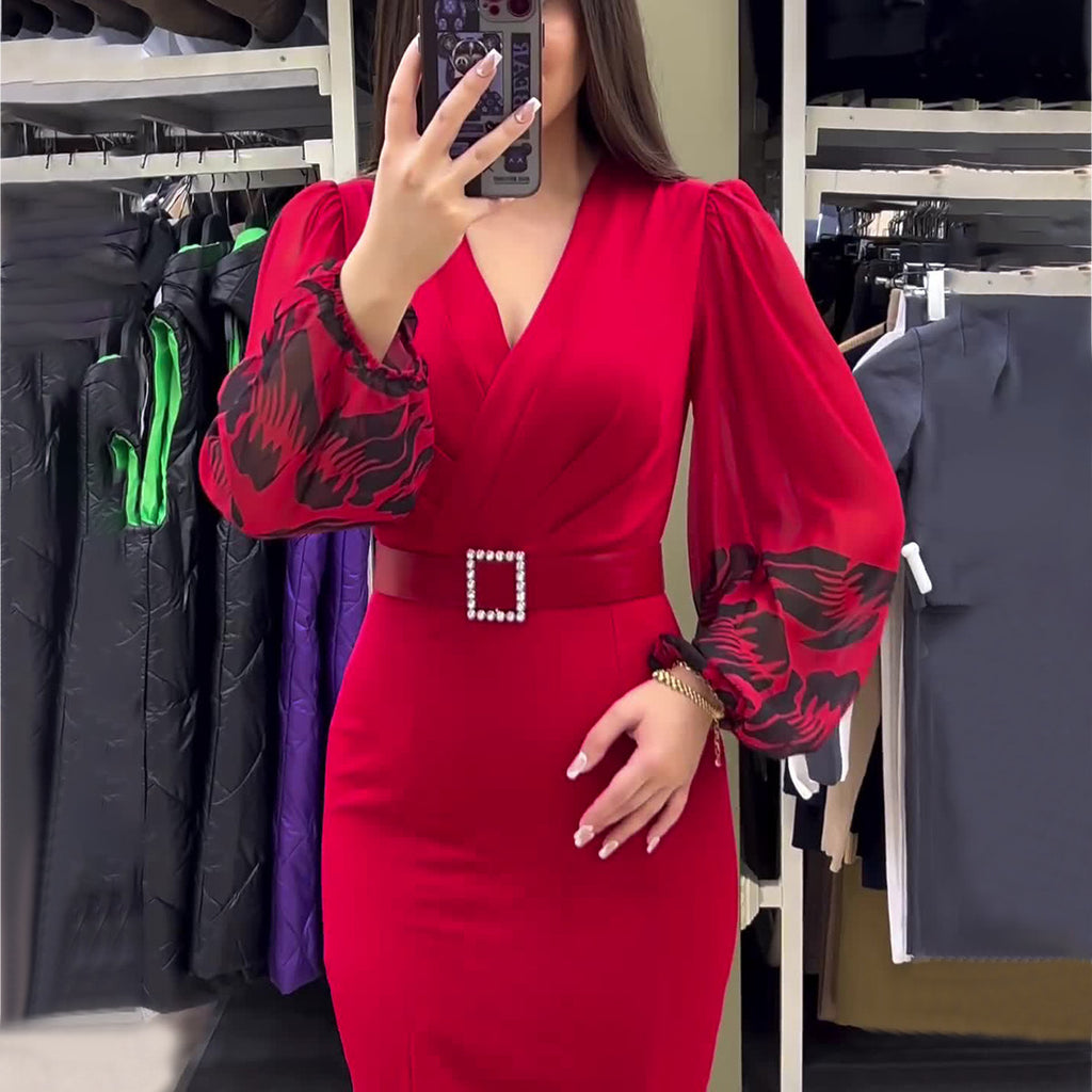 Women's V-neck Long Sleeve Printed Slim Waist Belt Split Dress