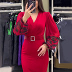 Women's V-neck Long Sleeve Printed Slim Waist Belt Split Dress