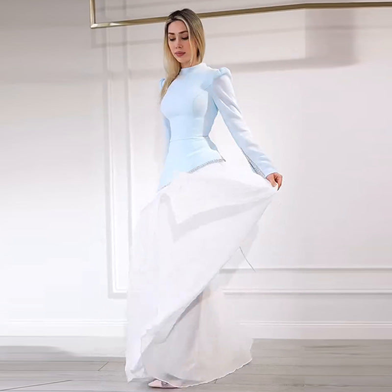 Women's Elegant Fashion Long Sleeve Waist-Cinching Mesh Pleated Long Dress