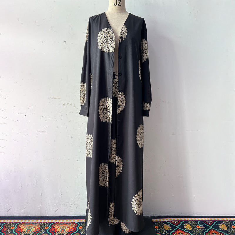 Elegant and Sexy V-neck Top + Printed Wide-leg Pants Two-piece Set