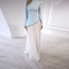Women's Elegant Fashion Long Sleeve Waist-Cinching Mesh Pleated Long Dress