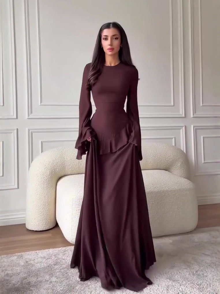 Elegant Solid Color Flared Sleeve Dress