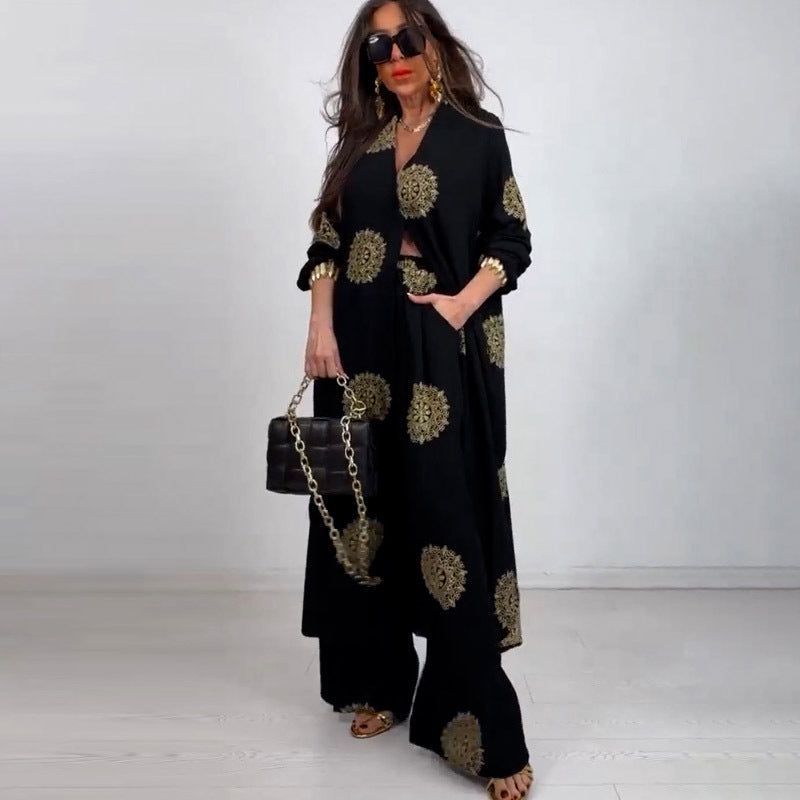 Elegant and Sexy V-neck Top + Printed Wide-leg Pants Two-piece Set