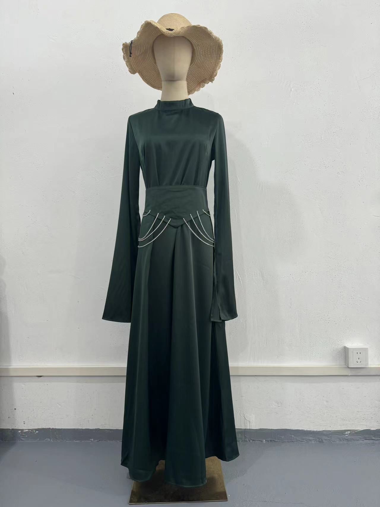 Spring New Cross-Border Palace Style Satin Waist-Cinching Elegant Half-High Collar Long Sleeve Dress