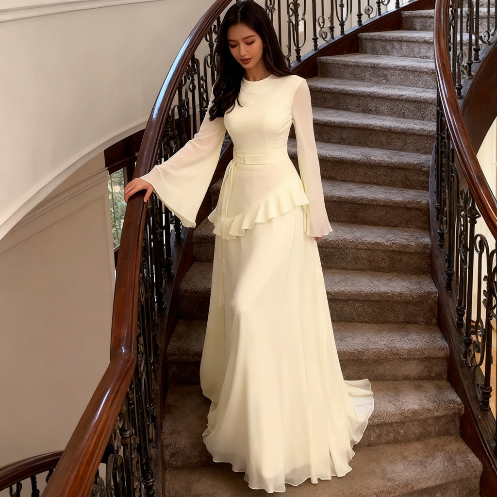 Elegant Solid Color Flared Sleeve Dress