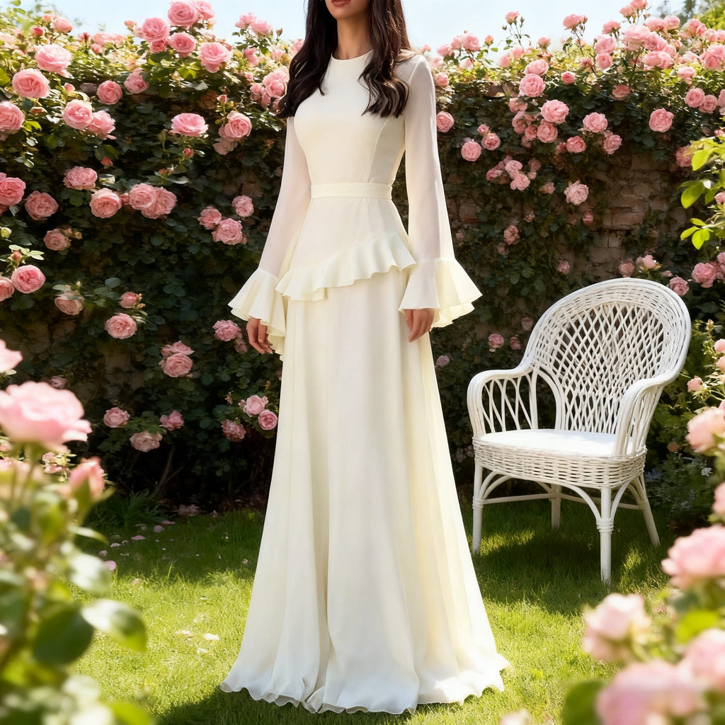 Elegant Solid Color Flared Sleeve Dress