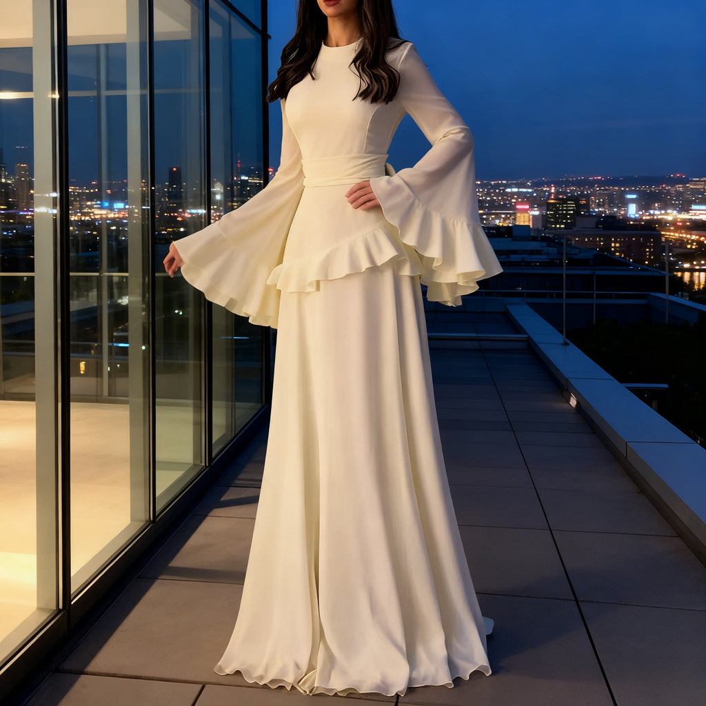 Elegant Solid Color Flared Sleeve Dress