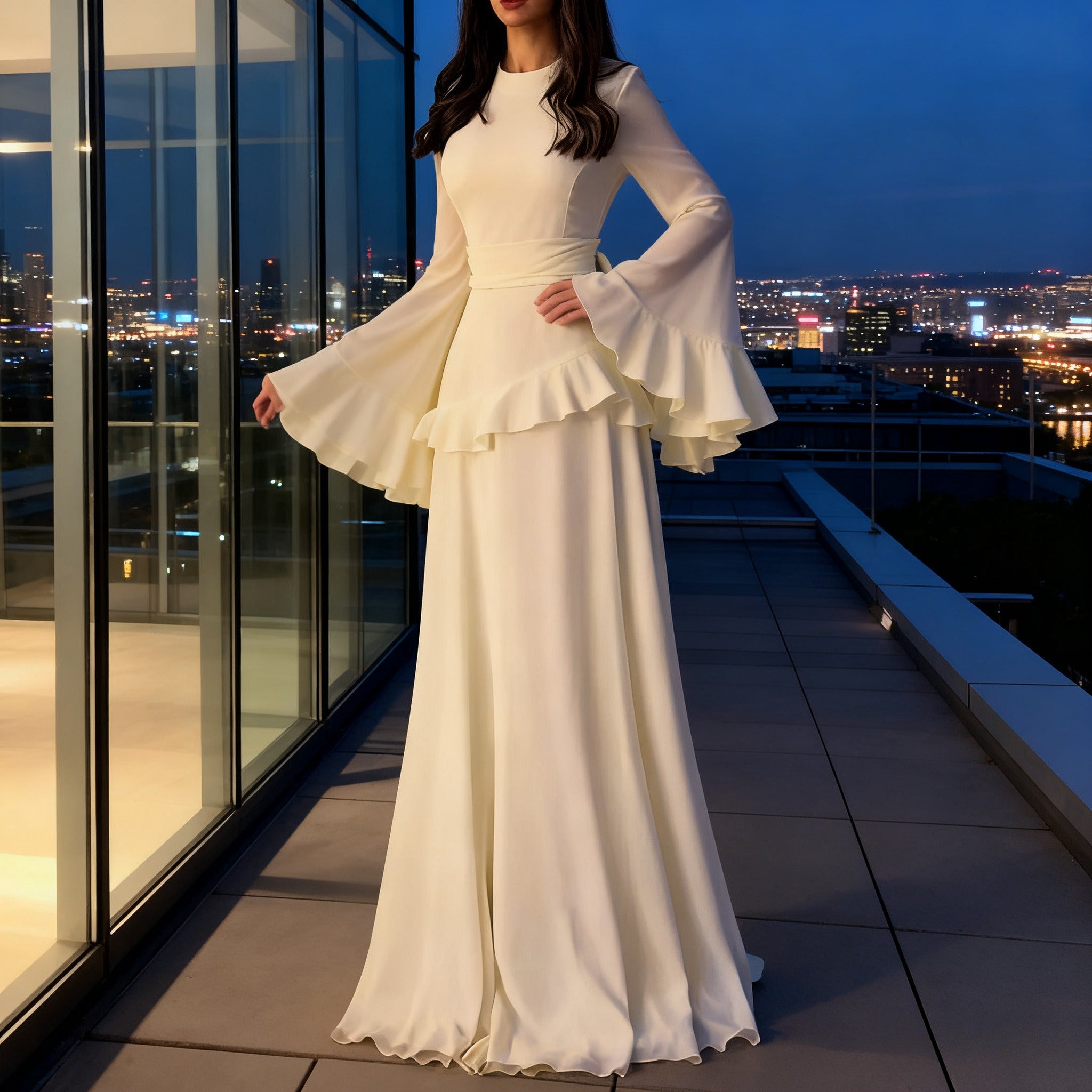 Elegant Solid Color Flared Sleeve Dress