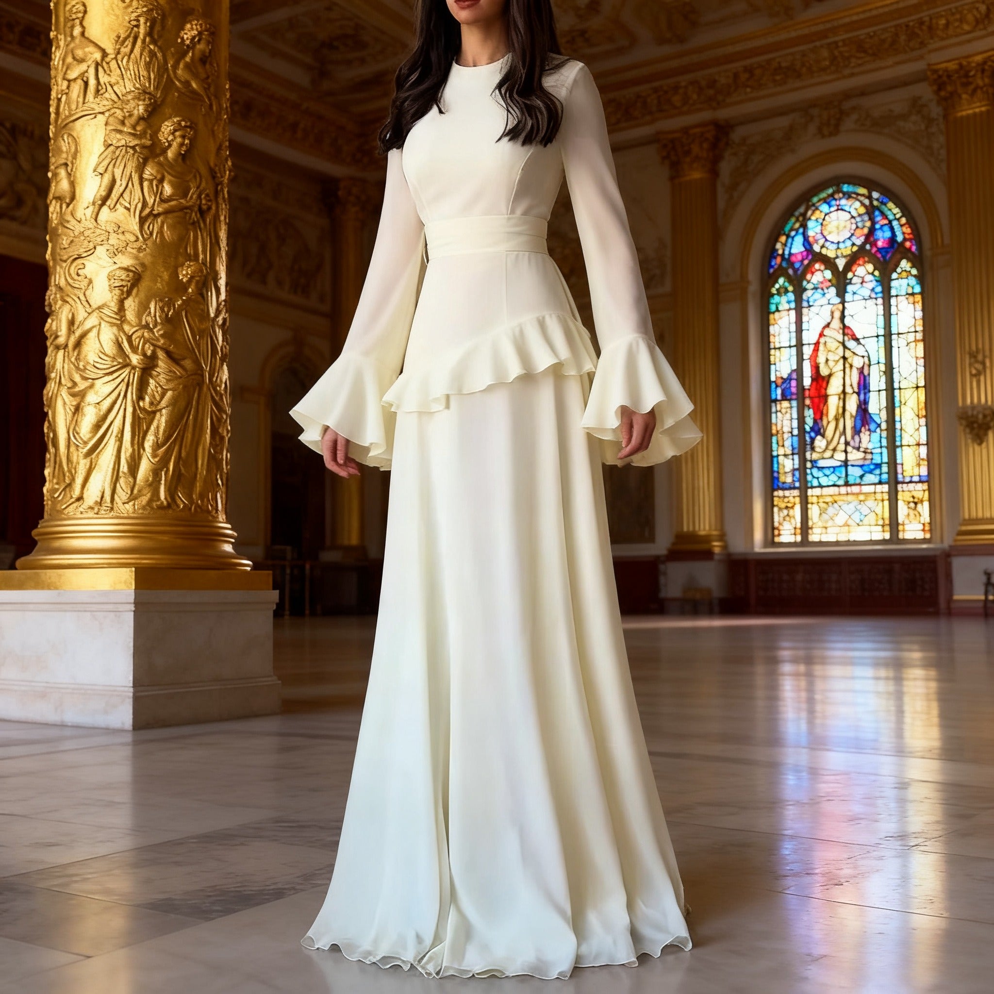 Elegant Solid Color Flared Sleeve Dress