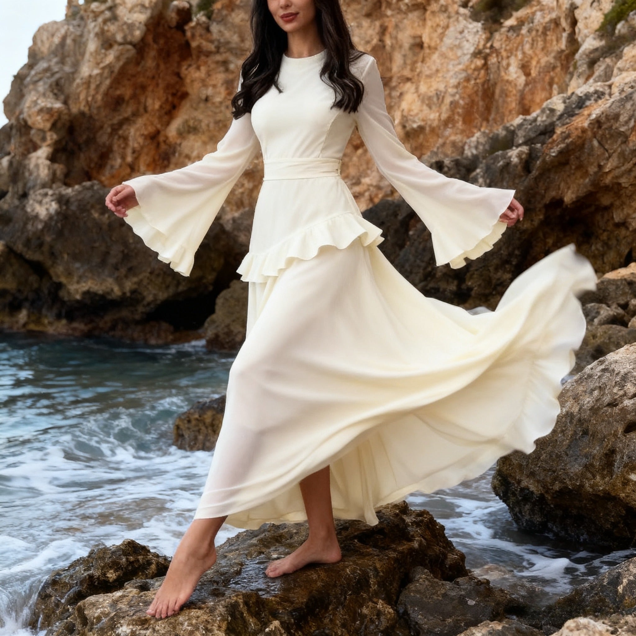 Elegant Solid Color Flared Sleeve Dress