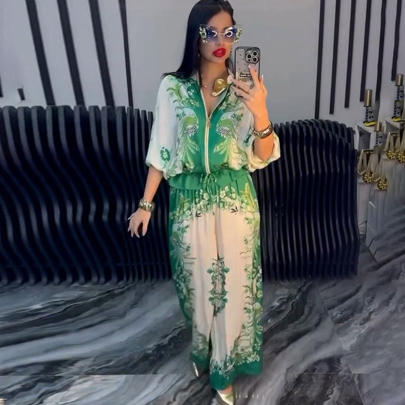 Fashion 3D Printed Floral Baseball Jacket and Drawstring Pants Two-Piece Set