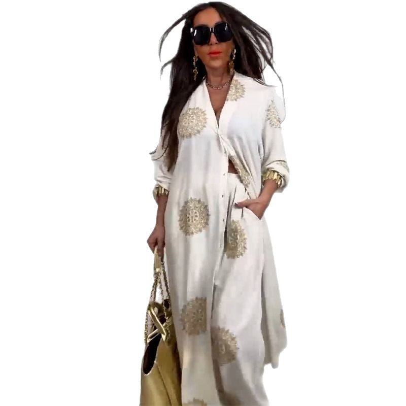 Elegant and Sexy V-neck Top + Printed Wide-leg Pants Two-piece Set