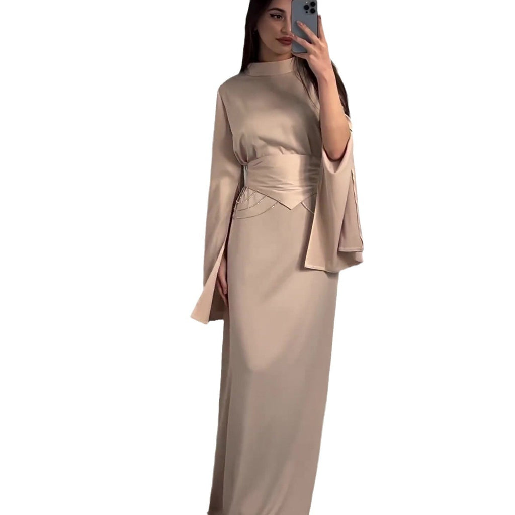 Spring New Cross-Border Palace Style Satin Waist-Cinching Elegant Half-High Collar Long Sleeve Dress