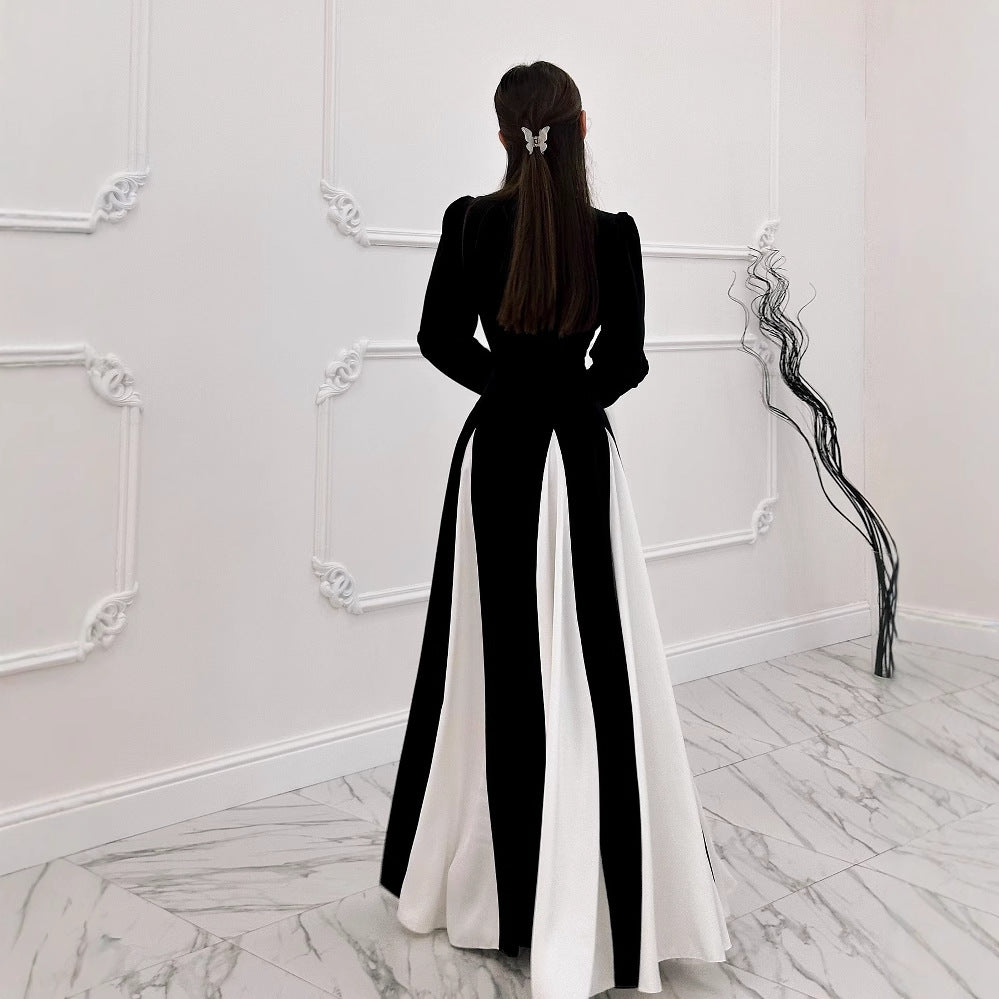 Women's Flared Sleeve Color Block Elegant Waist-Cinching Dress