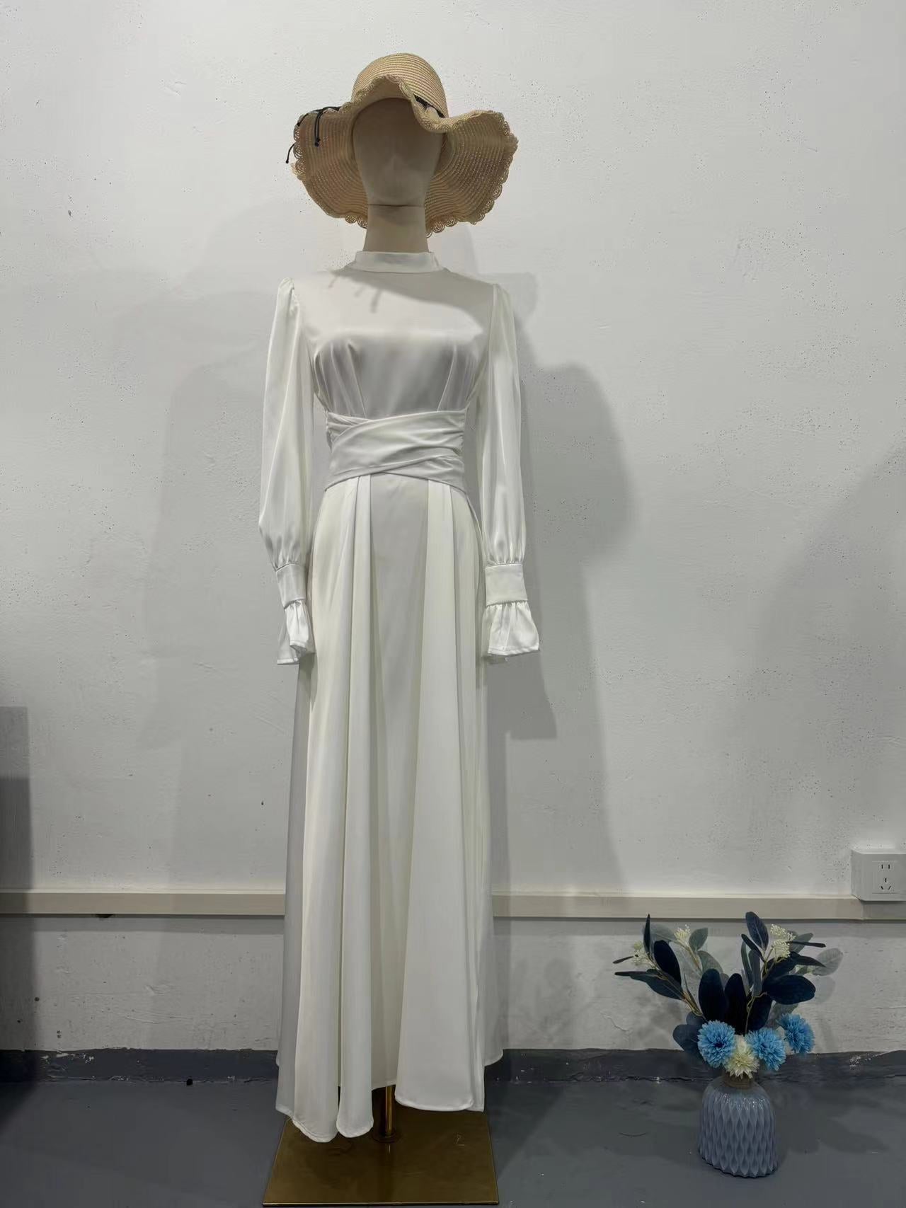 Autumn New Long Sleeve Waist Cinched Puff Sleeve Solid Color Fairy Style Dress