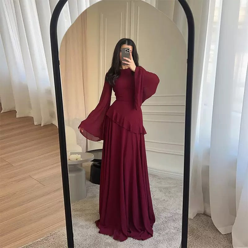 Elegant Solid Color Flared Sleeve Dress