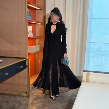 2025 Spring Summer Round Neck Patchwork Lace Long Sleeve Slim Fit Elegant Vintage Dress