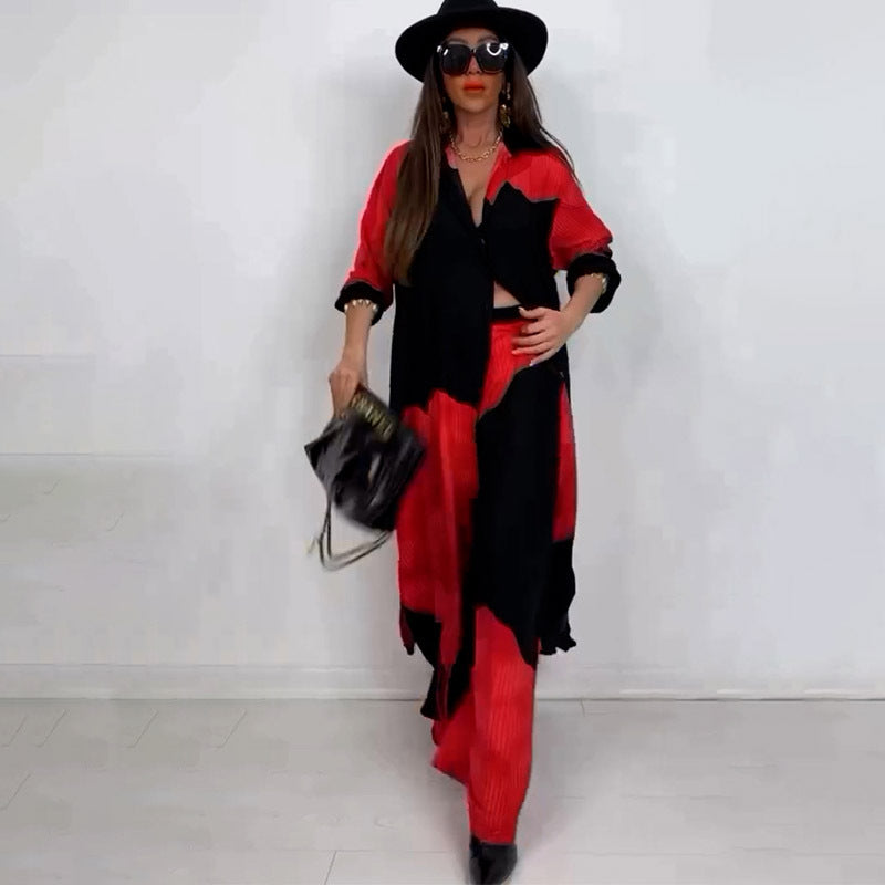 Elegant Sexy Printed Mid-Length Top and Wide-Leg Pants Two-Piece Set