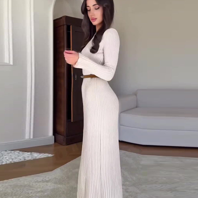 Women's Round Neck Long Sleeve Belted Waist Knitted Dress