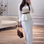 Women's Single-Breasted Long-Sleeve Belted Knitted White Suit