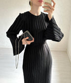 Women's Autumn New Long Dress Elegant Pleated Flared Sleeve Mid-Length Dress