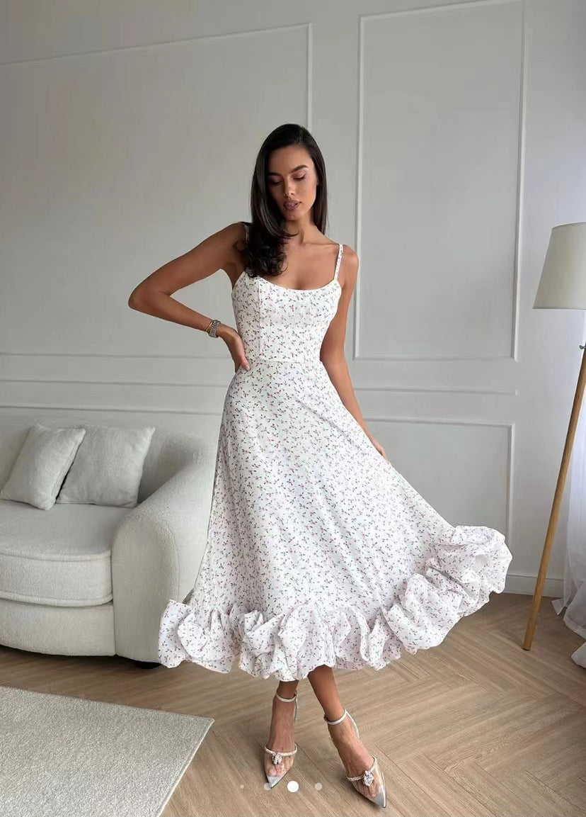 Spring Summer Women's New Fashion Strap Large Hem Three-Dimensional Flower A-Line Dress