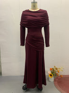 Women's Round Neck Design Pleated Waist Dress