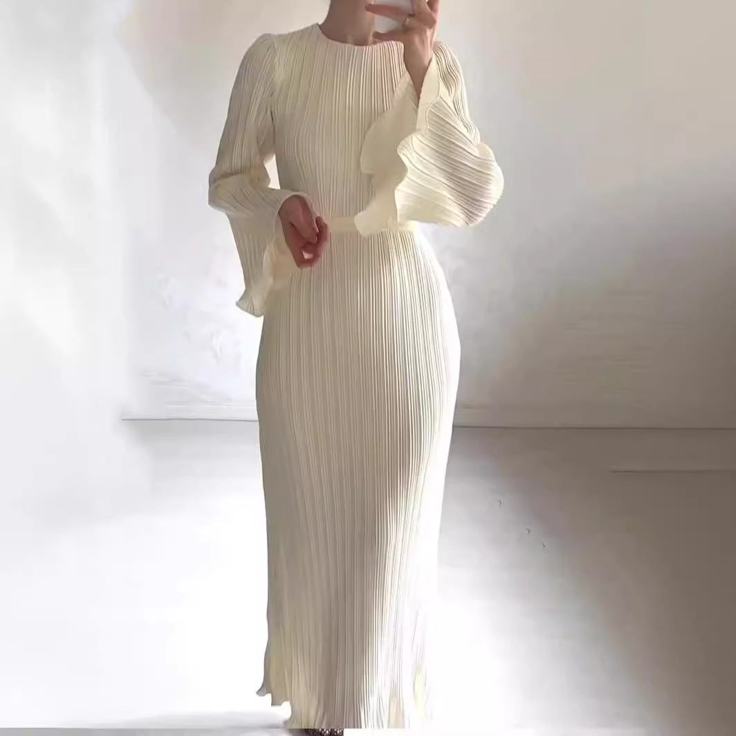 Women's Autumn New Long Dress Elegant Pleated Flared Sleeve Mid-Length Dress
