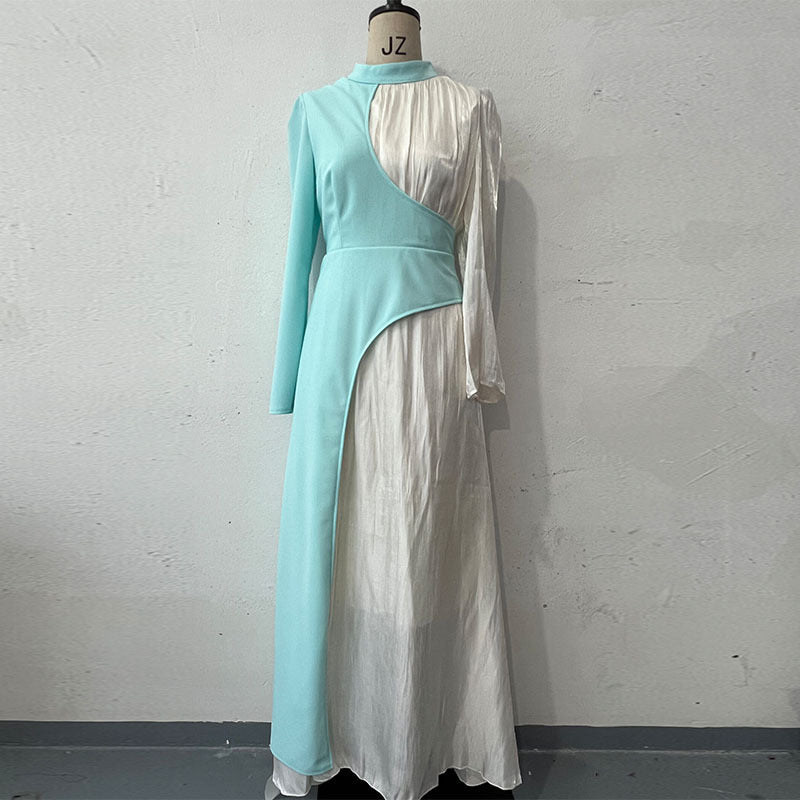 Round Neck Color Block Long Sleeve Slim Fit Belted Vintage Dress