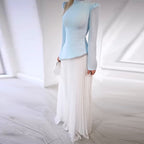 Women's Elegant Fashion Long Sleeve Waist-Cinching Mesh Pleated Long Dress