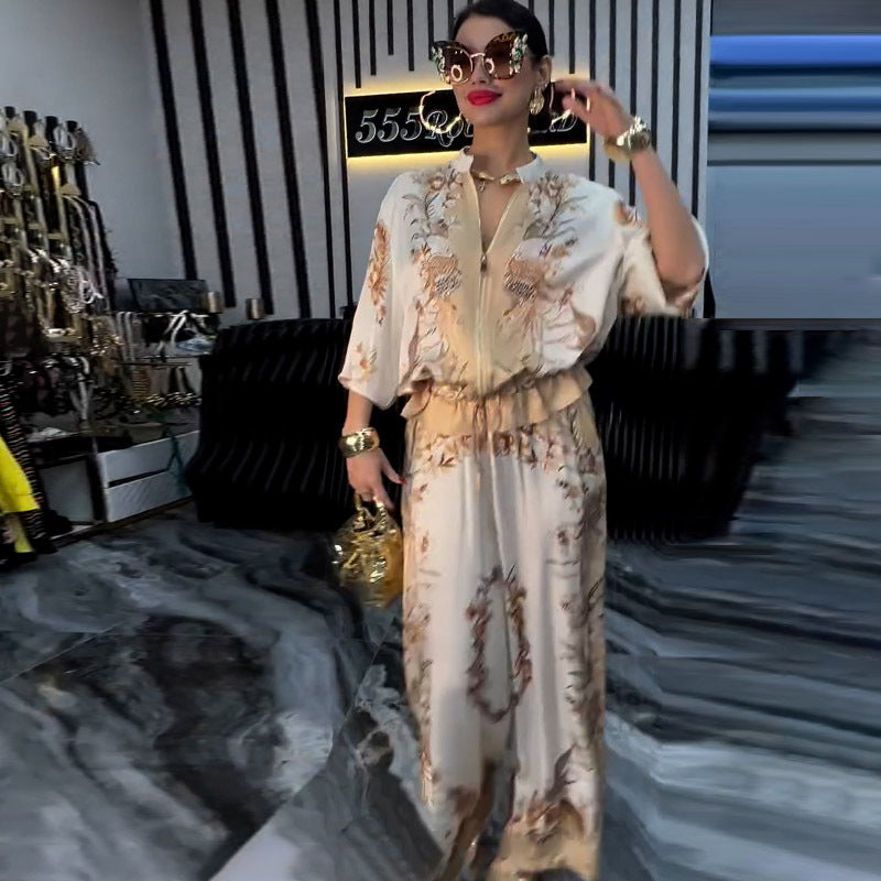 Fashion 3D Printed Floral Baseball Jacket and Drawstring Pants Two-Piece Set