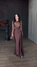 Autumn Patchwork Glass Veil Long Sleeve Satin Slim Dress