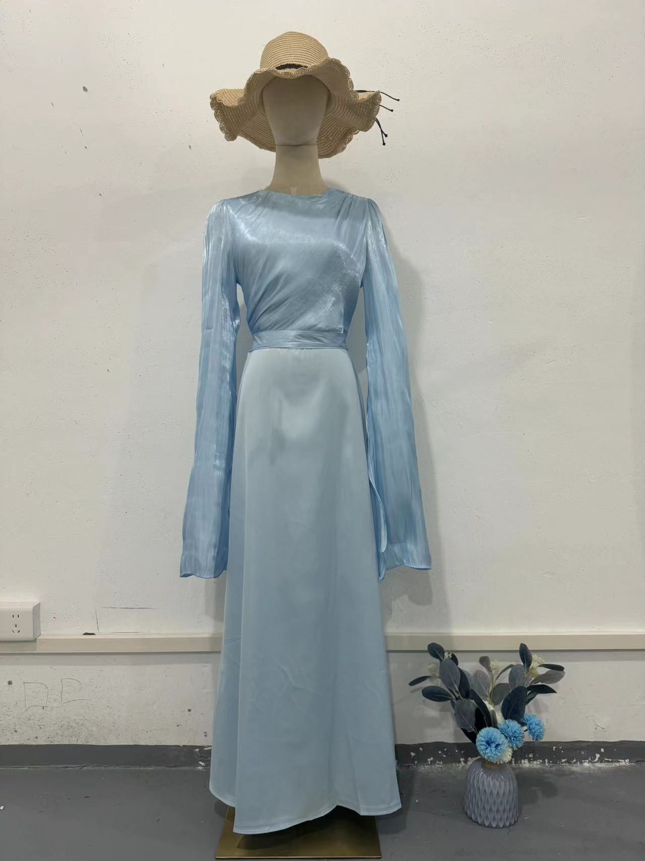 Summer Patchwork Glass Veil Long Sleeve Satin Slim Dress