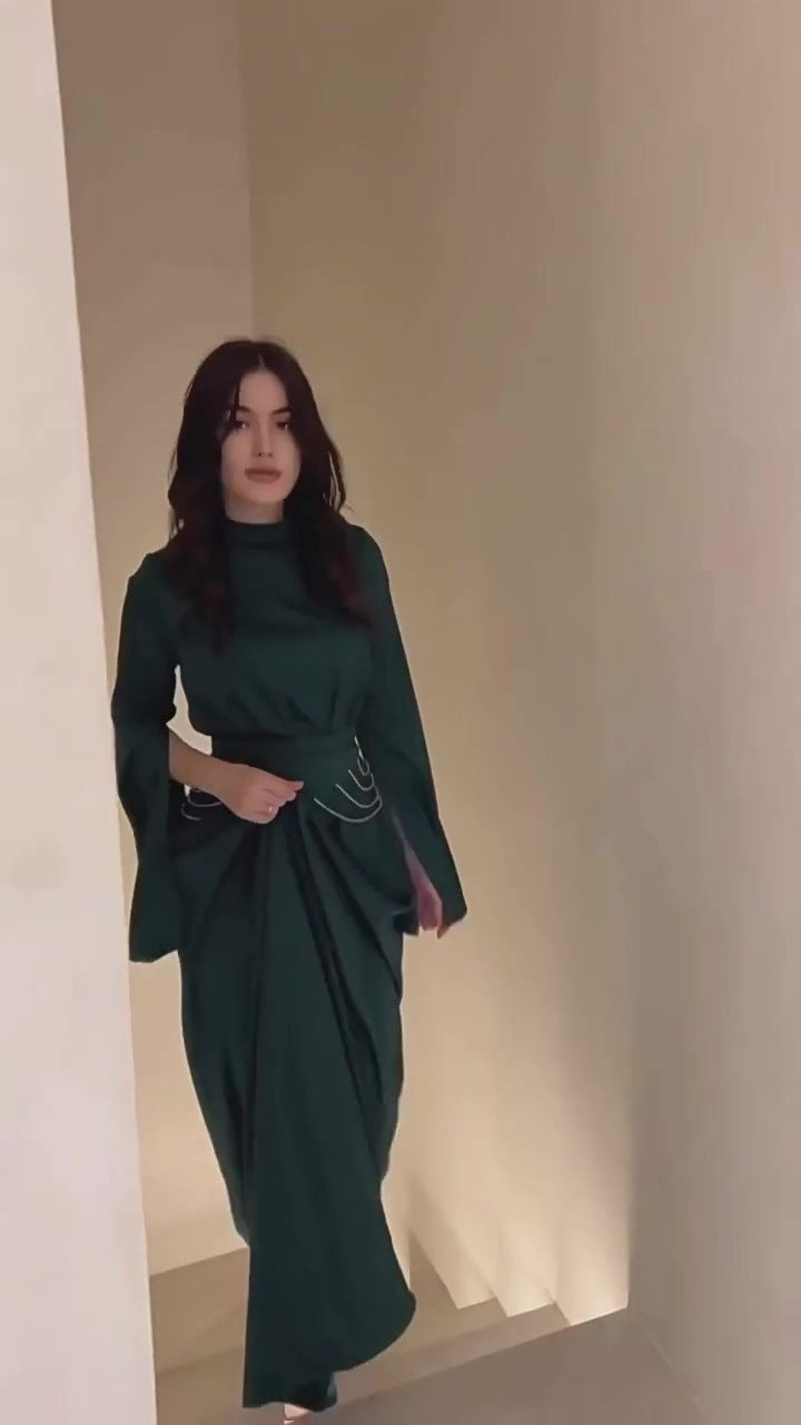 Spring New Cross-Border Palace Style Satin Waist-Cinching Elegant Half-High Collar Long Sleeve Dress