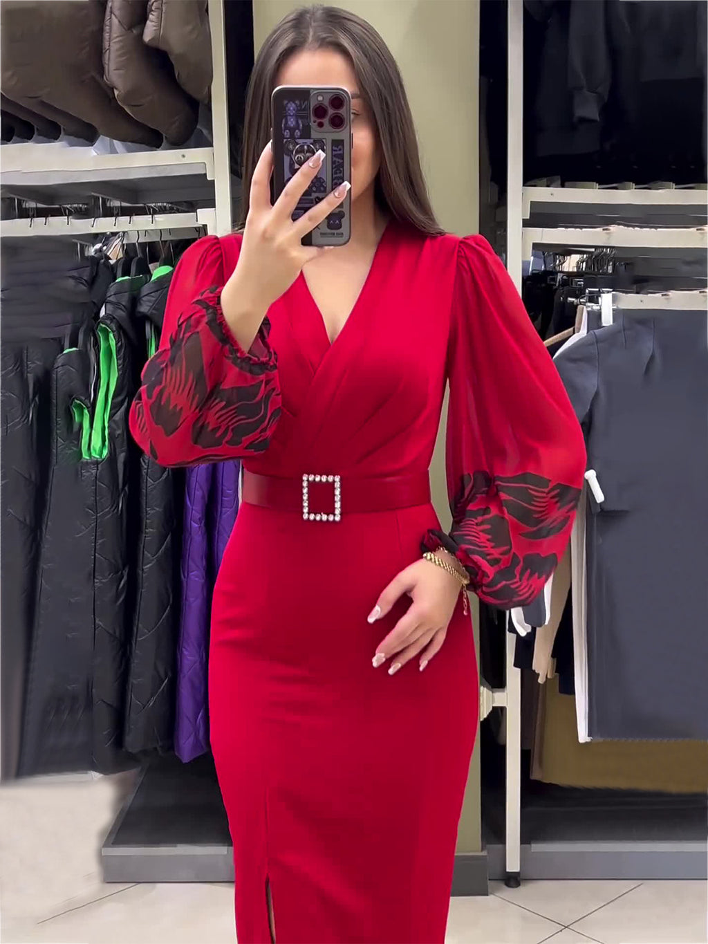 Women's V-neck Long Sleeve Printed Slim Waist Belt Split Dress