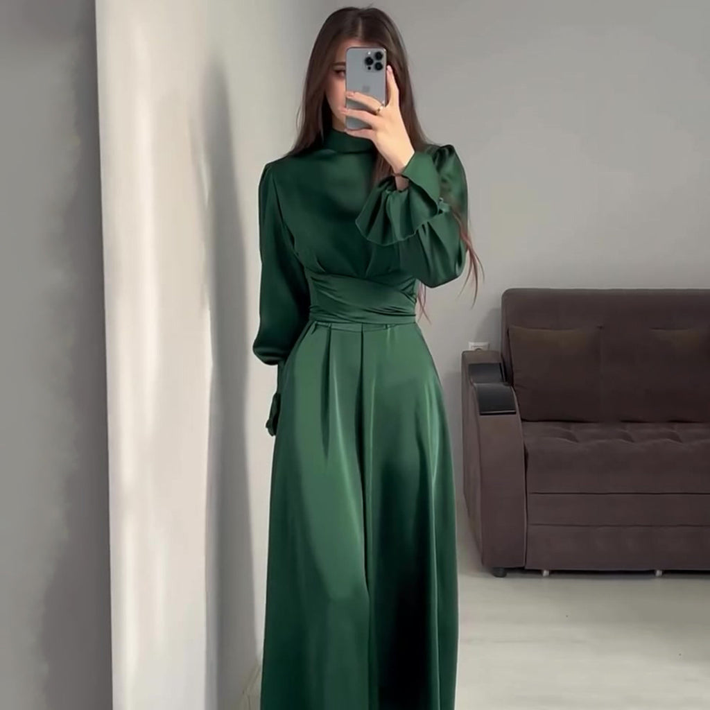 Autumn New Long Sleeve Waist Cinched Puff Sleeve Solid Color Fairy Style Dress
