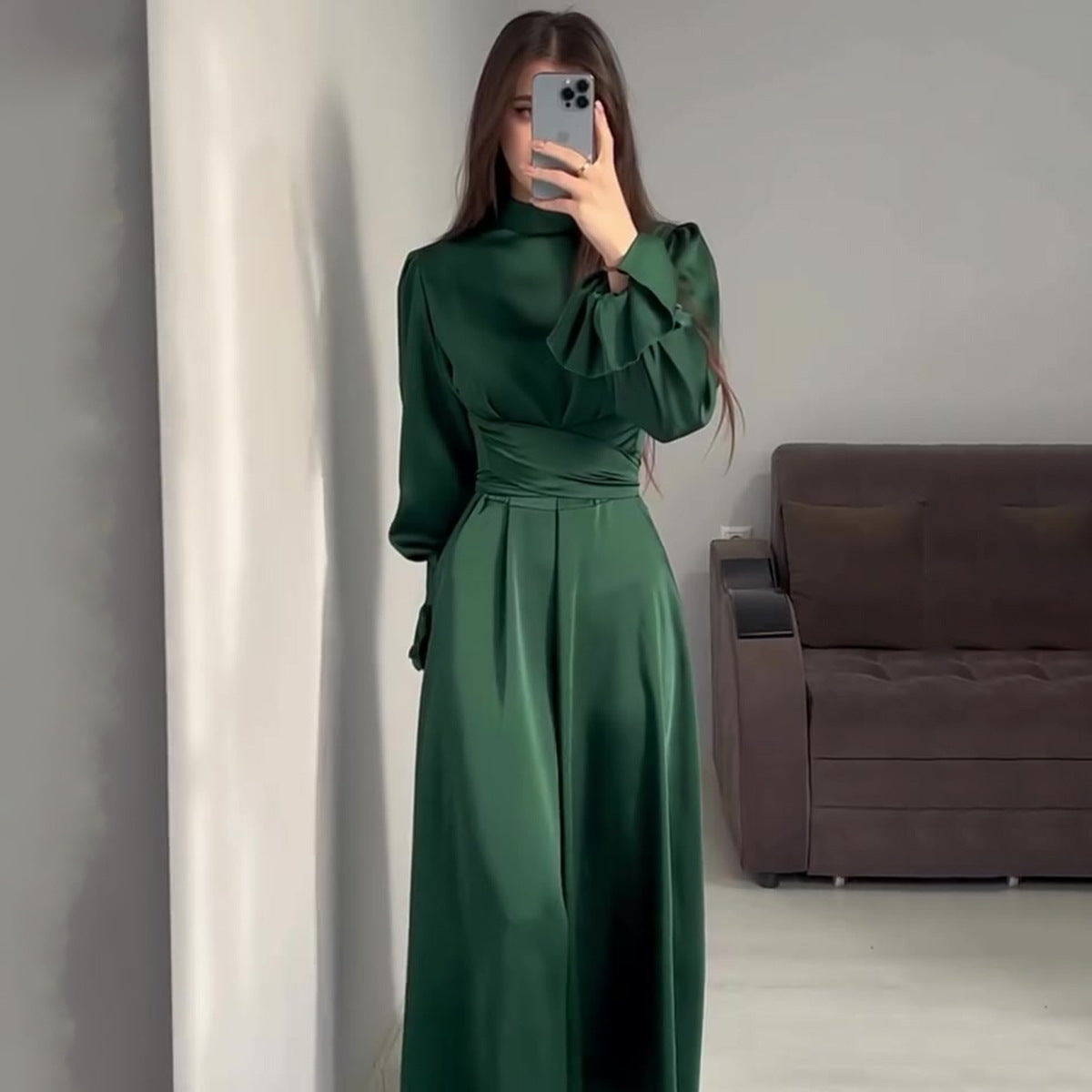Autumn New Long Sleeve Waist Cinched Puff Sleeve Solid Color Fairy Style Dress