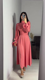 Autumn New Long Sleeve Waist Cinched Puff Sleeve Solid Color Fairy Style Dress