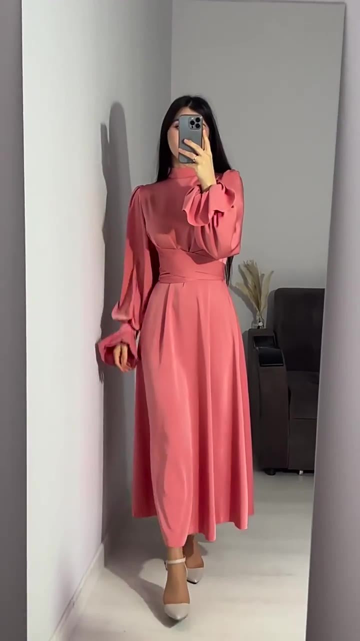 Autumn New Long Sleeve Waist Cinched Puff Sleeve Solid Color Fairy Style Dress